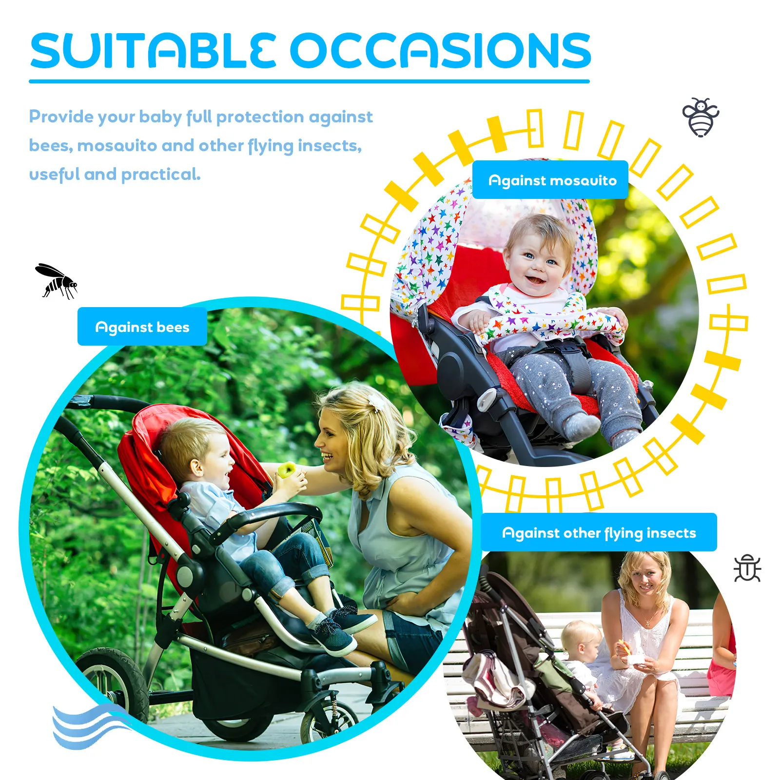 Baby Mosquito Net Stroller Black Elasticated Bug Insect Protection Cover for Infant Buggies Carriers Cradles