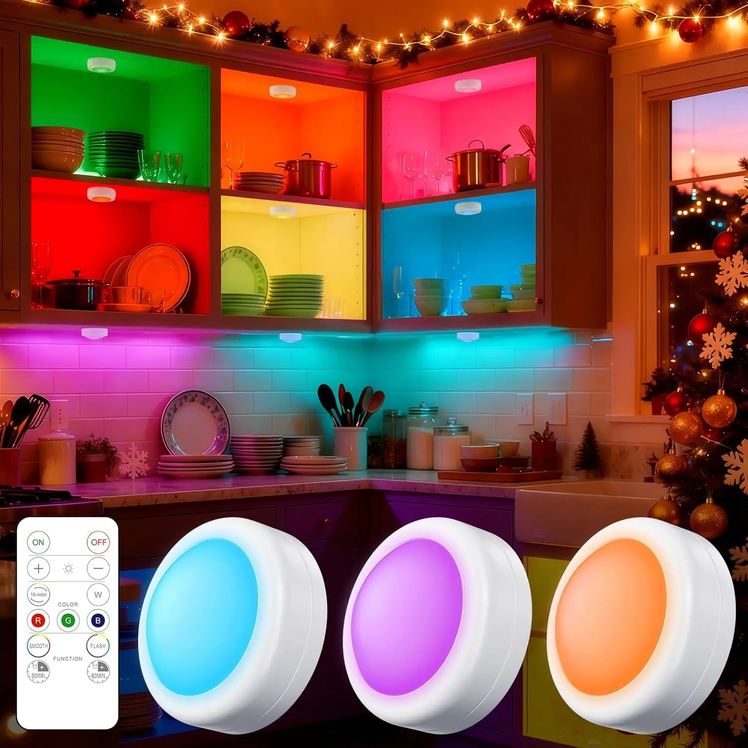 

3 Pack LED Puck Lights with Remote, 16 Color Changing, Battery Operated, Dimmable, Timer for Kitchen Closet