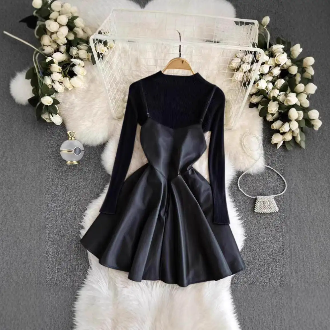 

New PU Leather Strap Dress with Half High Collar Long Sleeve Base Shirt Slimming Two Piece Set Winter Season Long Sleeve