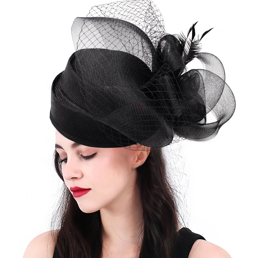 Woman Fascinator Hat Pillbox Derby Hats Linen Feather with Veil Vintage Bridal Wedding Tea Party Cap DIY Hair Accessores