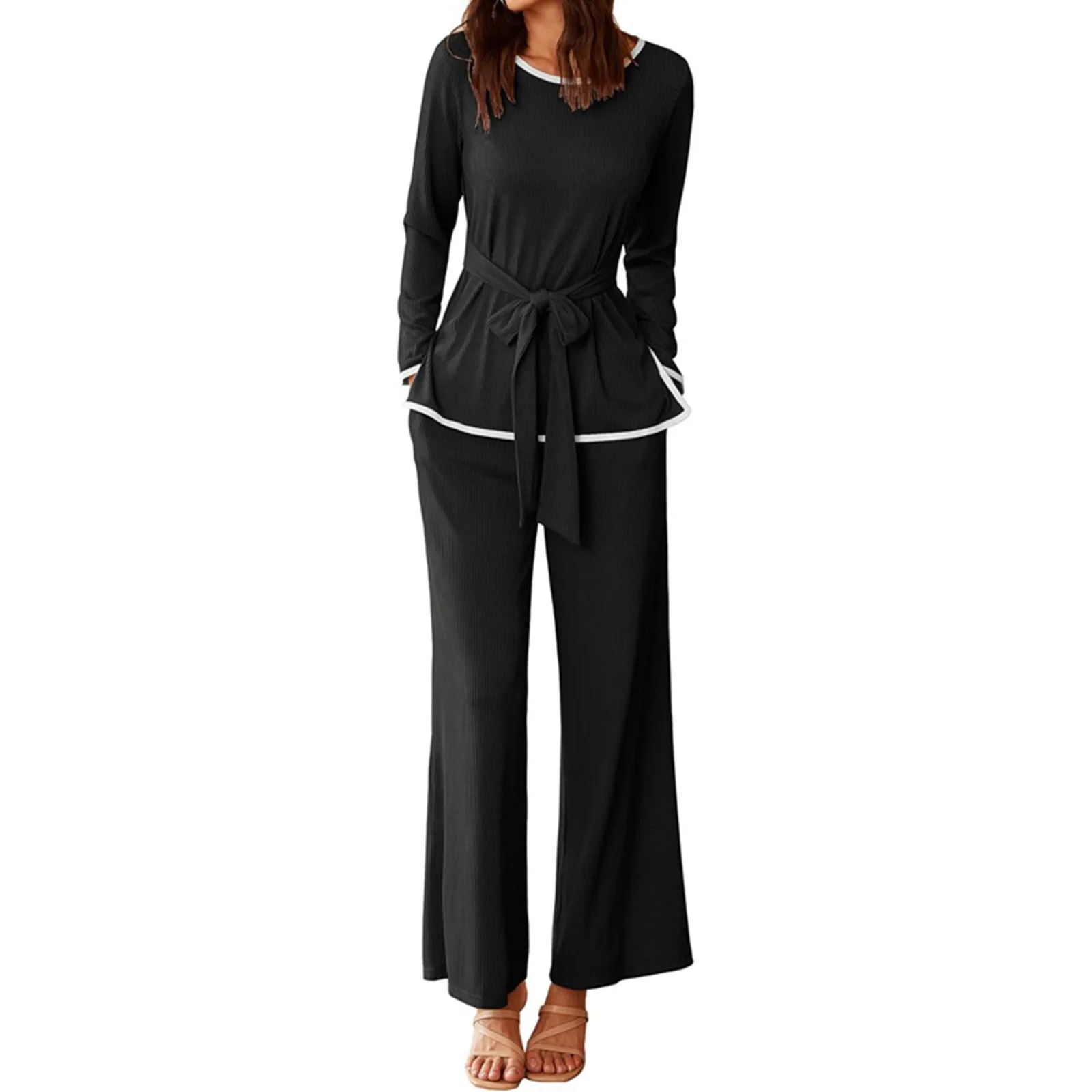 Conjunto informal de 2 piezas para mujer, Top con cuello redondo y pantalones de pierna ancha, ropa de dormir elegante, otoño