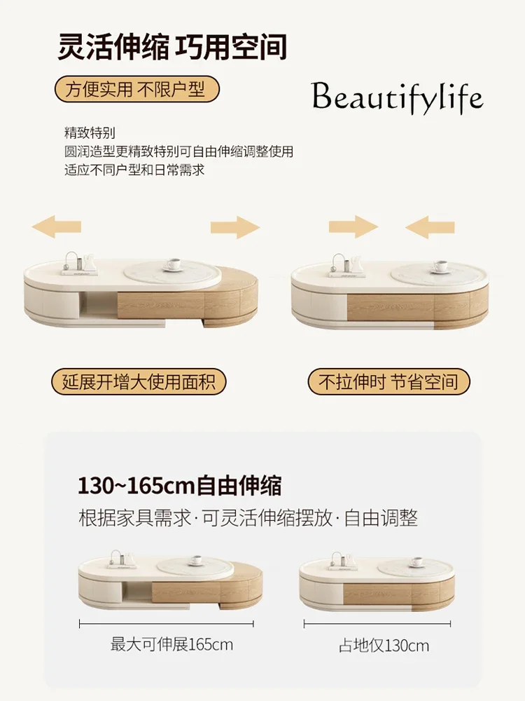 Japanese Style Small Apartment Simple Cream Style Wood Color Living Room Stone Plate Retractable Tea Table Combination