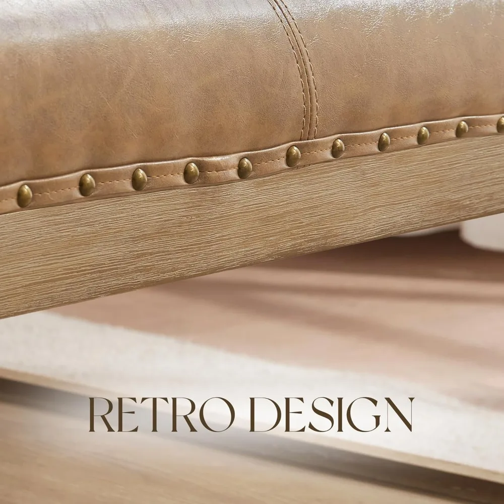 طاولة قهوة عثمانية من الجلد مقاس 33 بوصة، مسند كبير لغرفة المعيشة، مسند مربع مع رف وإطار من الخشب الصلب، منجد