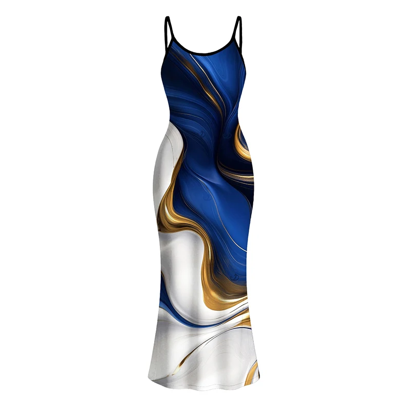 Dressfo Women's Dress Gold Fluid Abstract Marble Print Spaghetti Strap Maxi Bodycon Vacation Dress vestidos para mujer
