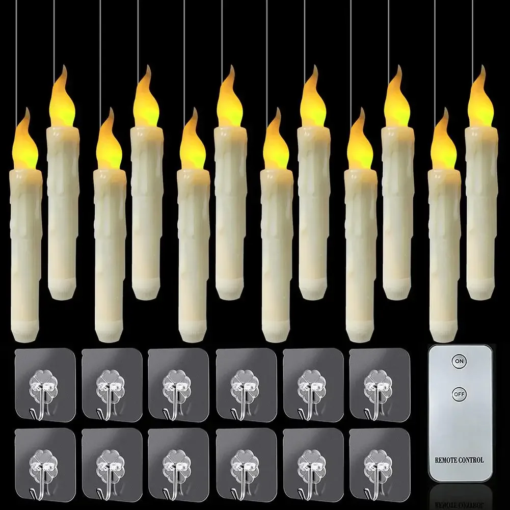 Eletrônico LED Hanging Flameless Candle Light, controle remoto, velas flutuantes com ganchos, decoração de festa de Natal, 12pcs