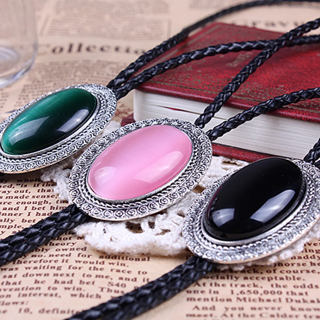 Bolo Tie with Natural Stone for Men Vintage Handmade Cowboy Bolo Ties Cowhide Rope Buckle Clasp Necktie for Women
