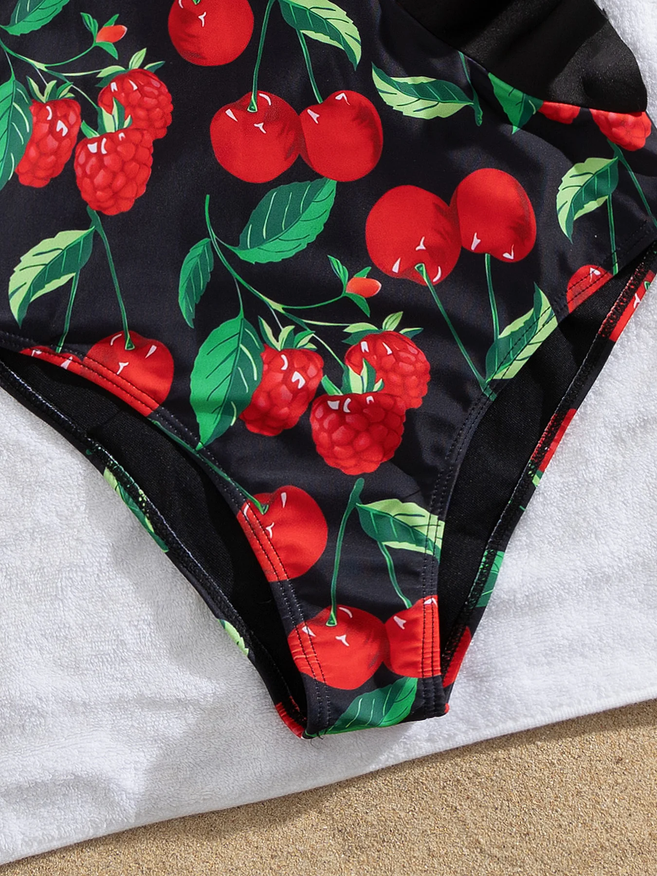 2025 Sexy Cherry Print One-Piece Swimsuit Black Base with Fruit Pattern Perfect for Beach Wear and Pool Parties Summer Beachwear