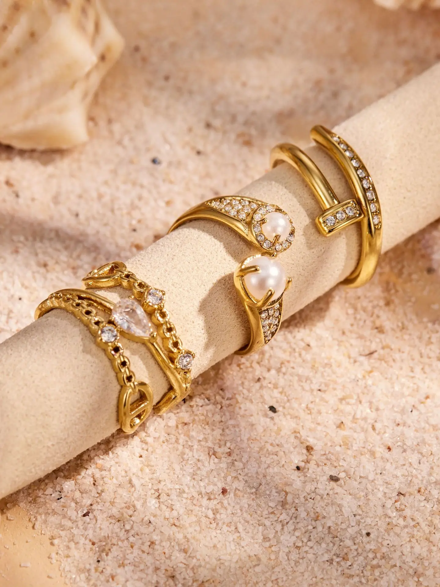 316L Edelstahlring, mehrlagig, mit Perlen und Zirkonia, tropfenförmig, offener Ring, 18 Karat vergoldet, schick, modern, zarter Schmuck für Damen – Detail 12