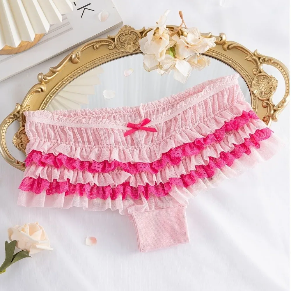 Cute Ruffle Lace Panties Layered Cake Design Low Waist Women's Underwear Bow Mesh Sweet Lace Briefs Girl