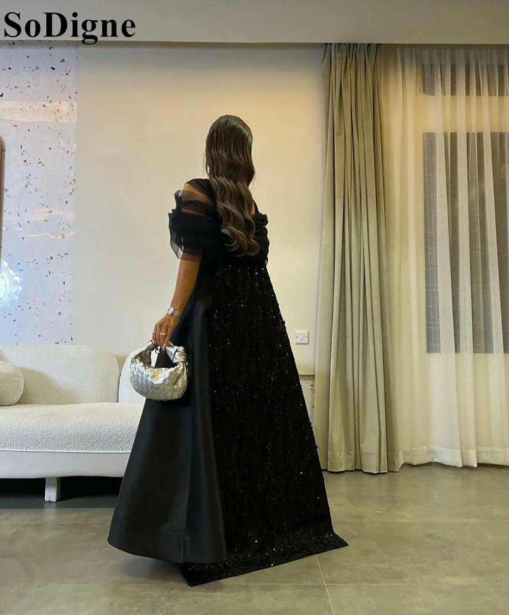 SoDigne Black Off Shoulder Satin Evening Dresses V-Neck Glitter Watteau Train Elegant A-Line Celebrity Party Prom Gown for Women