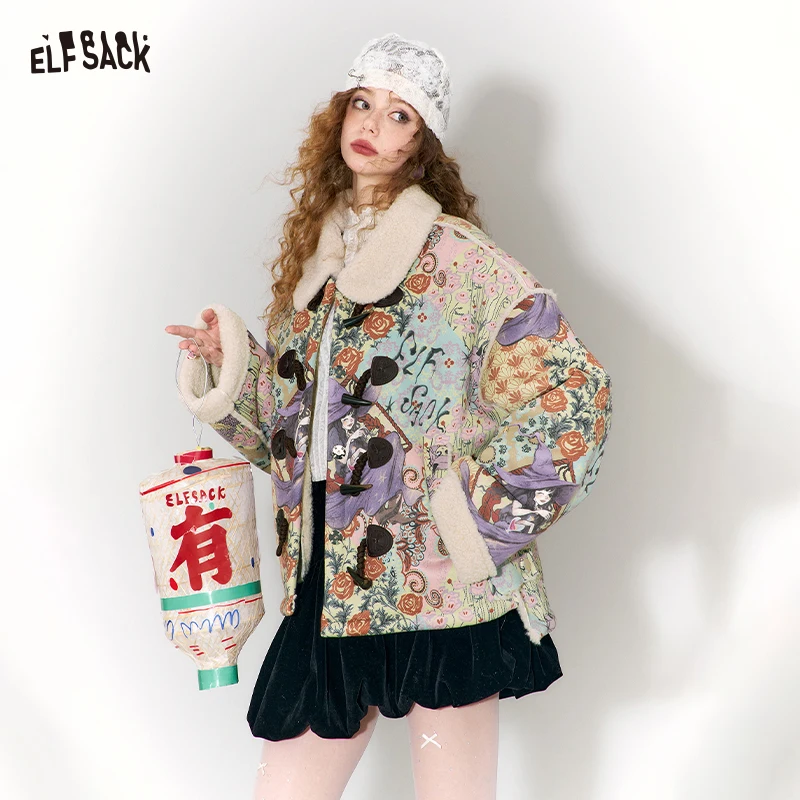 ELFSACK Women Short Padded Jacket Winter Faux Wool Blend Full Print Fluffy Trim Gothic Casual Winter Jacket