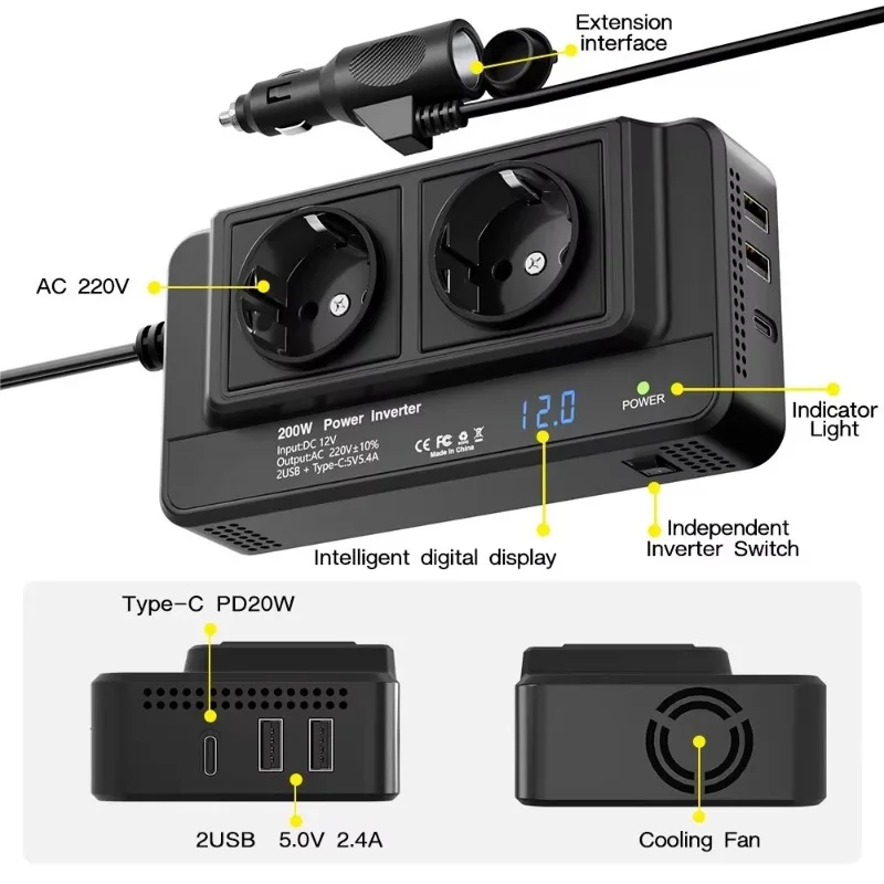 

OvO Store 200W Car Inverter 12V To 110V 220V EU AU UK US Brazilian Gauge Socket Inverter