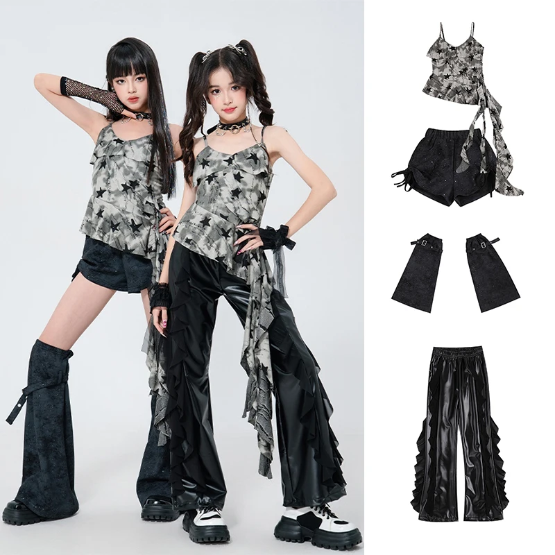 

Cool Hip Hop K-pop Sleeveless Tops Leather Pants Set Children Performance Outfit Kids Streetwear Wear Girl Group Jazz Set XH2731