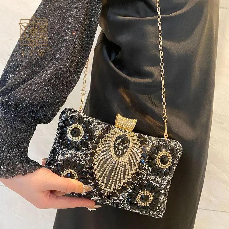 Black Clutch Handbag Chic Glitter Rhinestone Beads Evening Party Gold Clutch Bags Fashion Diamond Women Wedding Shoulder Purse