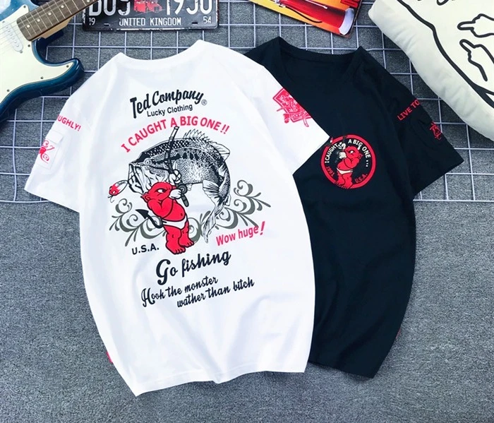 

Japanese Tide Brand Lucky Ghost Little Devil Fishing Carp Printed Locomotive Cotton Large Size Short-sleeved T-shirt Men Women