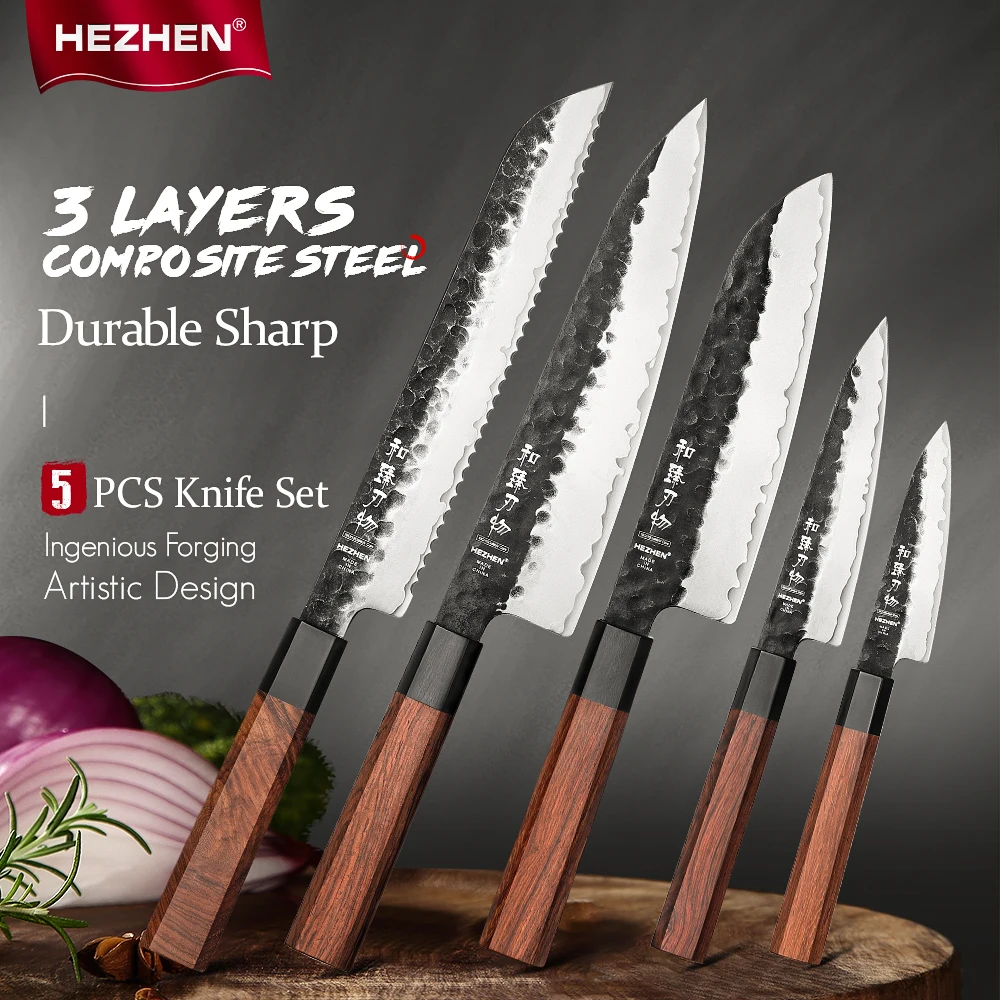 HEZHEN 1-5PC Knife Set Chef Utility Stainless Steel Sharp Cook Knives Tools Beautiful Gift Box Slice Kitchen Knives