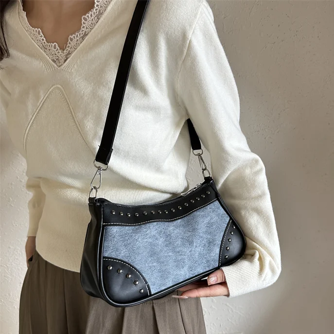 Vintage PU Leather Handbag Y2K Women's Armpir Purses Fashion Rivet Shoulder Bag Designer Underarm Bag Girls Dating Crossbody Bag