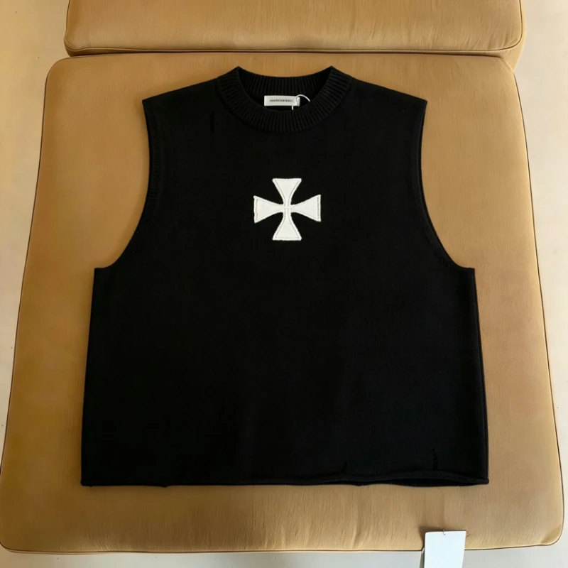 

2026ask Retro Cross Stitching Sleeveless Vest High Street Men's Women's Breathable Knitted Tee Tops