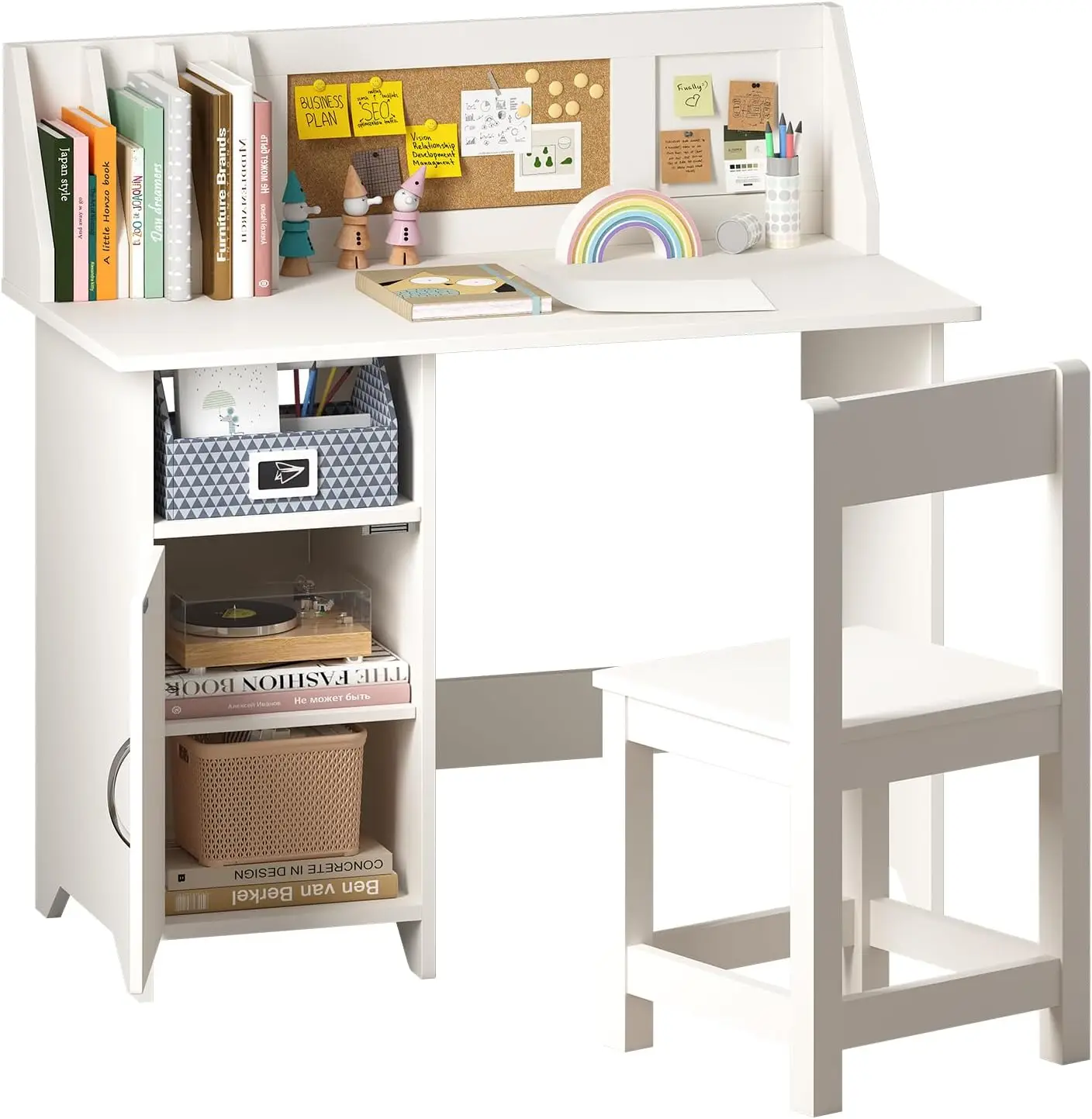 Mesa infantil branca com cadeira, mesa de estudo de madeira para meninos e meninas, mesa de computador infantil com gavetas de armazenamento, gaiola, estante