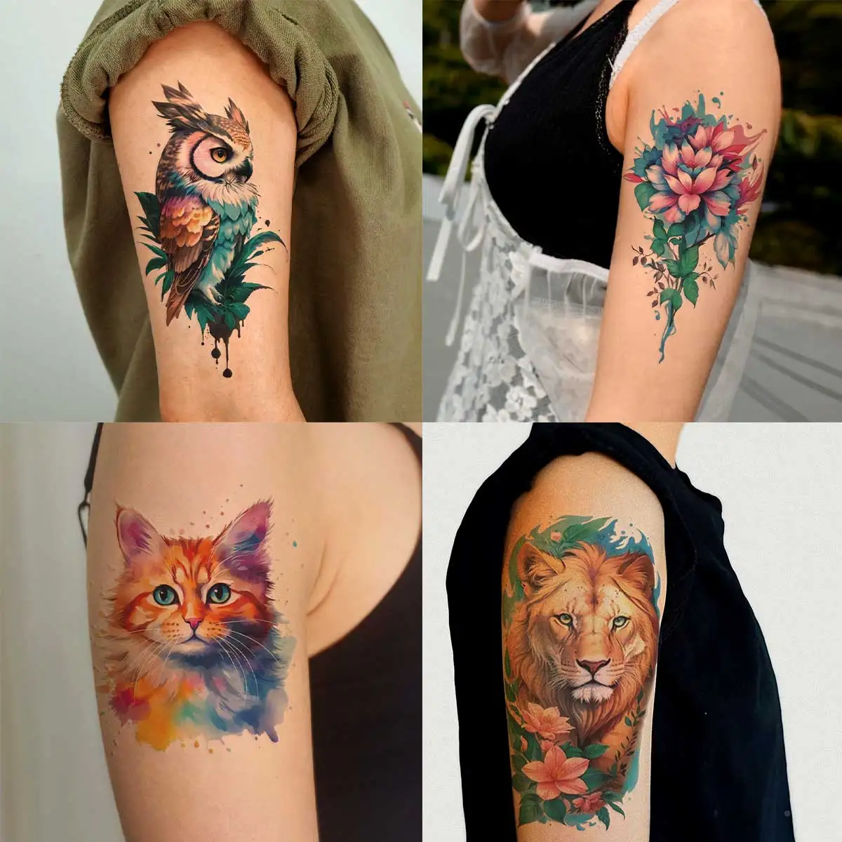 10 Blatt Aquarell-Tiere, temporäre Tattoo-Aufkleber für Damen und Herren, Arm-Fake-Tattoo, bunte Flash-Löwe, Wolf, Tiger-Tattoos