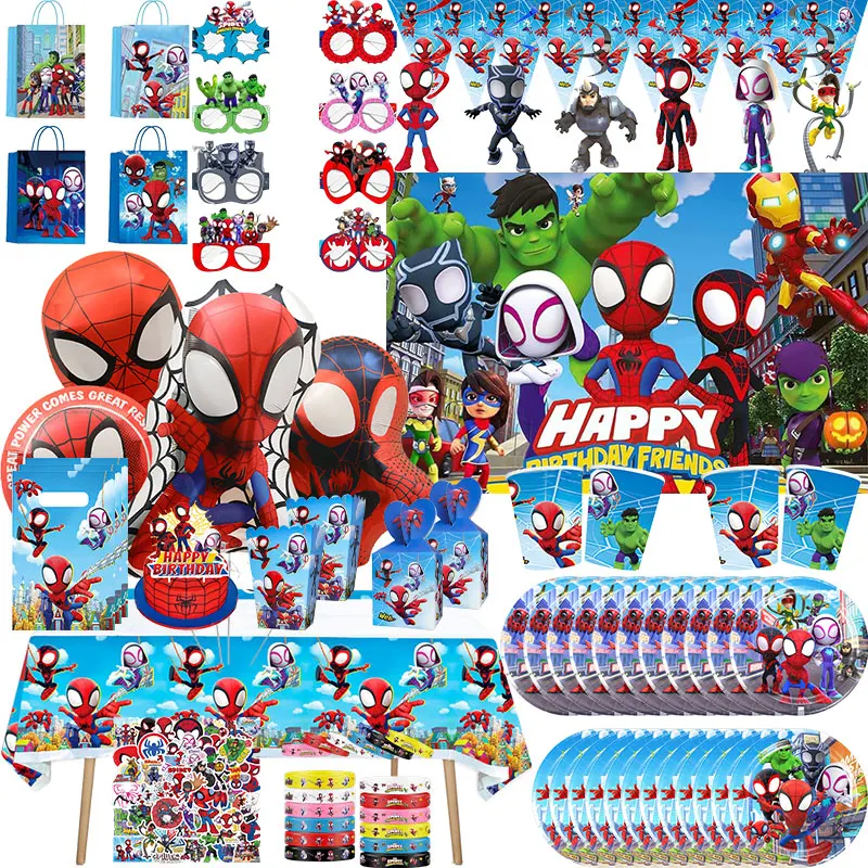 Décorations d'anniversaire Spidey : Assiettes, gobelets, sacs cadeaux, autocollants, bannière, toile de fond, et cadeaux de fête Spidey et ses amis extraordinaires