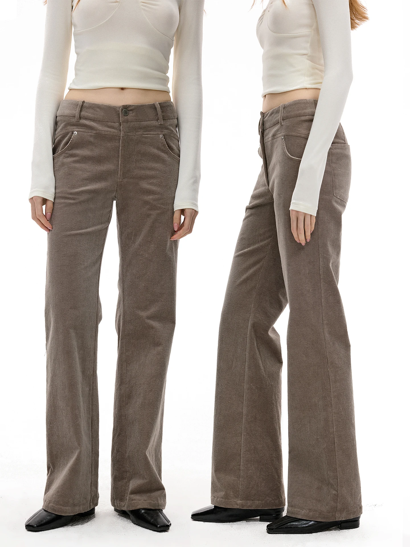 

Monroo Light ey Mid-Low Waist Slim Fit Corduroy Straight Leg Micro Flared Pants Women's Slimming Retro Versatile Long Trousers