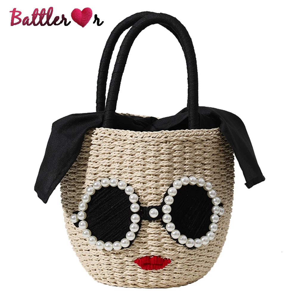 2022 Summer Round Rattan Handmade Sunglasses Pearl Bag Bohemian Leisure Straw Bag Bucket Knit Shoulder Crossbody Bead Beach Bag