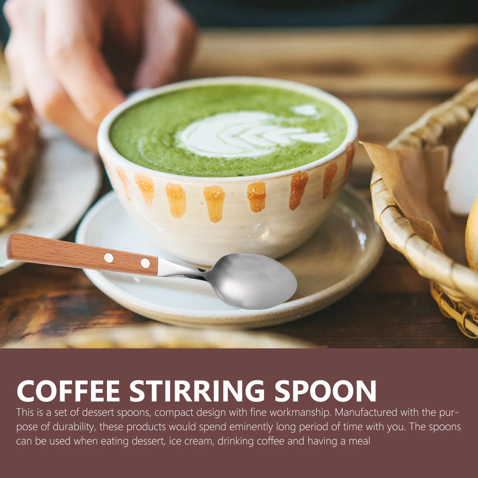 

5Pcs Stainless Steel Dessert Spoons Wood Handles Compact Design for Coffee Ice Cream Cake Household Kitchen Tableware