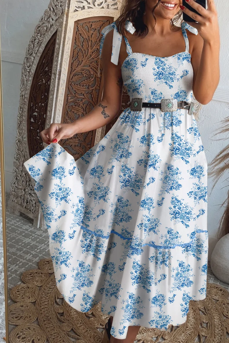 

2025 Summer New Pullover Square Collar Slip Dress For Women Fashion Versatile Vacation Beach Lace Up Floral Print Long Dress