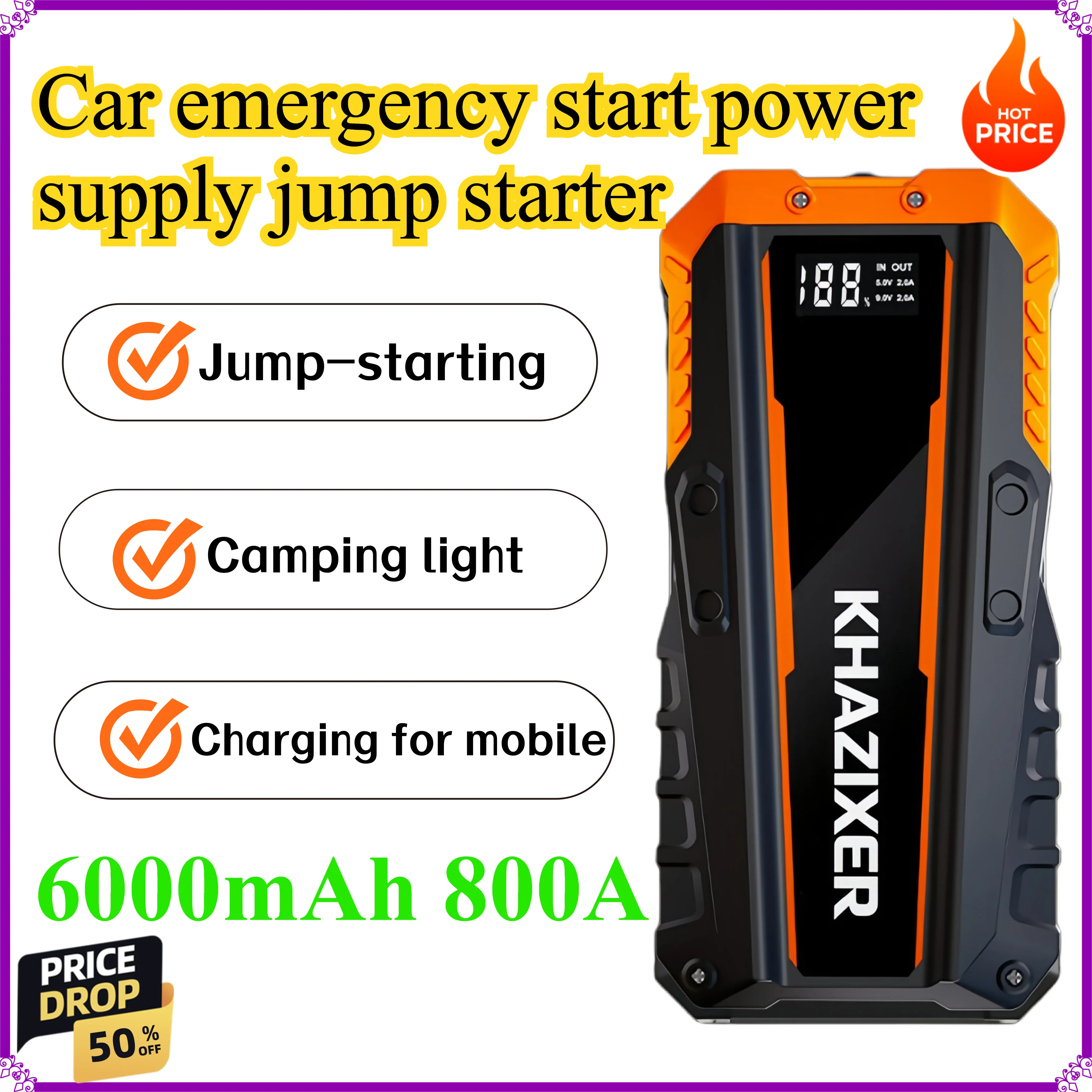 

Car emergency start power supply jump starter Outdoor car ignition artifact Rechargeable lighting Car ride electric treasure