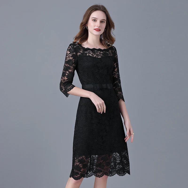 Robe en dentelle noire grande taille pour femmes, Style printemps et automne, col carré, ajouré, fermeture à la taille, Sexy, jupe professionnelle à la mode