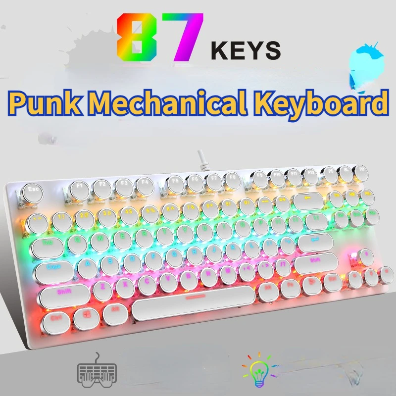 87 Keys Mechanical Keyboard Wired Punk Keycaps Gaming Gaming Home Office Illuminated Low-profile Keyboard with Numeric Keypad