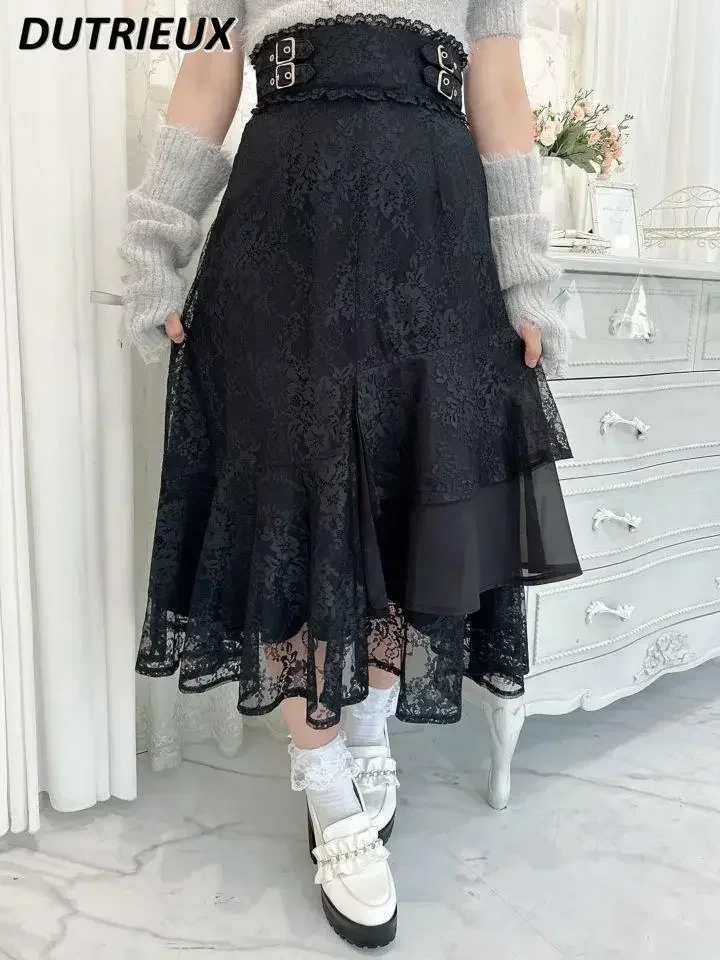 Spring and Autumn New Japanese Double-sided Belt Decorative Lace Long Skirt Sweet Cute Girls High-waisted Layered Skirts