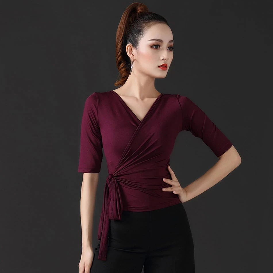 Vrouwelijke Diepe V-riem Ballroom Dans Kostuum Doek vrouwen Tango Chacha Oefenshirt Dame Halve Mouwen Latin Dansen Tops