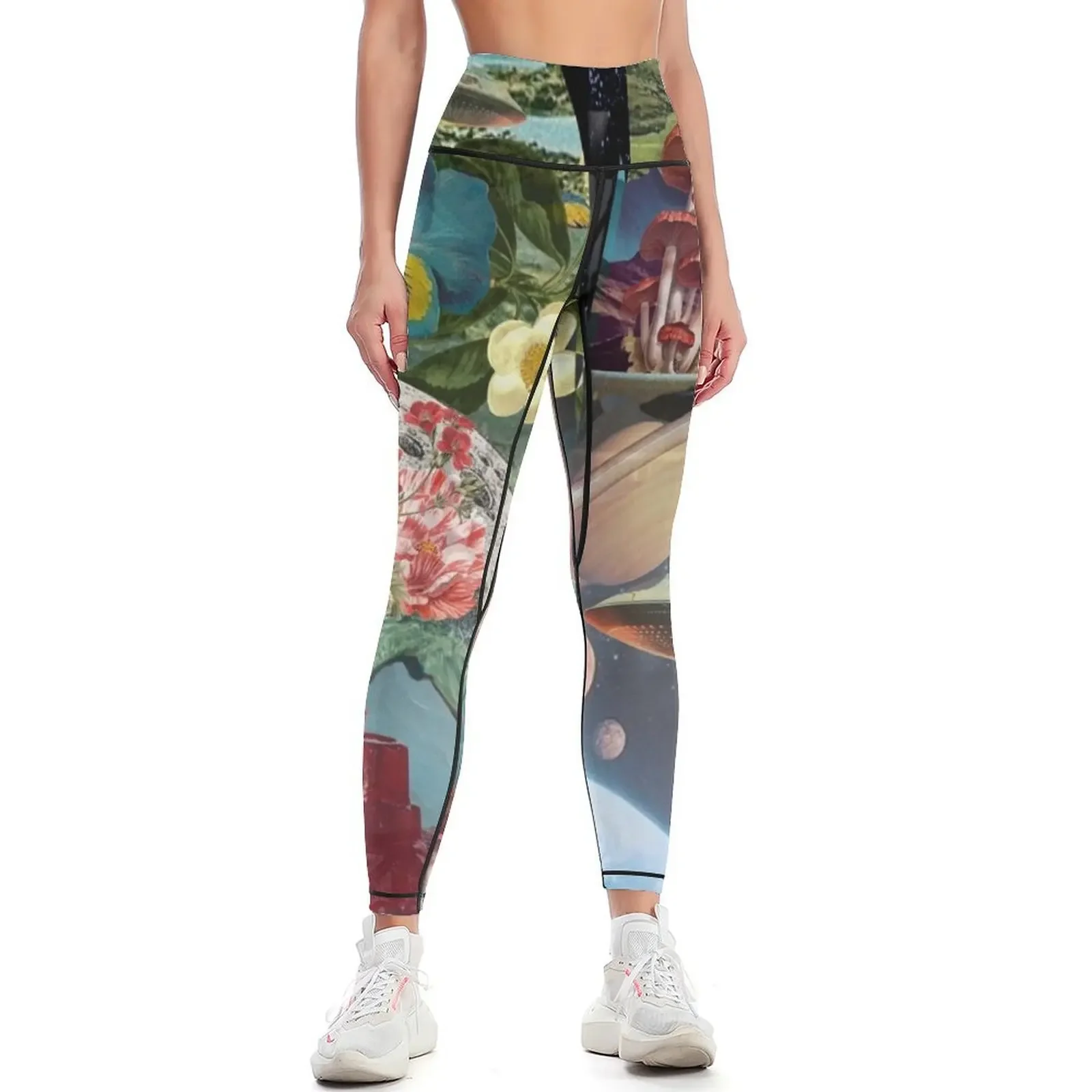 

Leap of Faith' Vintage Space Collage ft. UFO, Jelly, Planets, Flowers + Mushrooms Leggings sportswear gym Womens Leggings