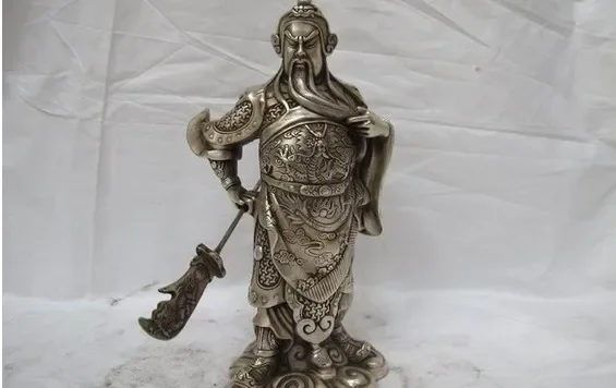 

9,5-дюймовая китайская белая медная серебряная статуя дракона Guan Gong Hold Sword Warrior Statue