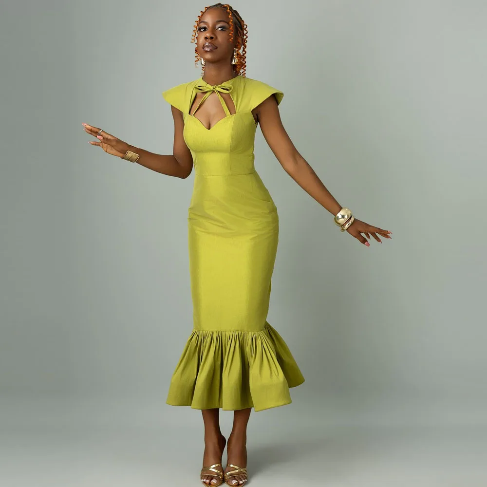 

Green Simple Prom Dresses For African Women Cap Sleeves Ankle Length Satin Women Birthday Dress Aso Ebi Gowns