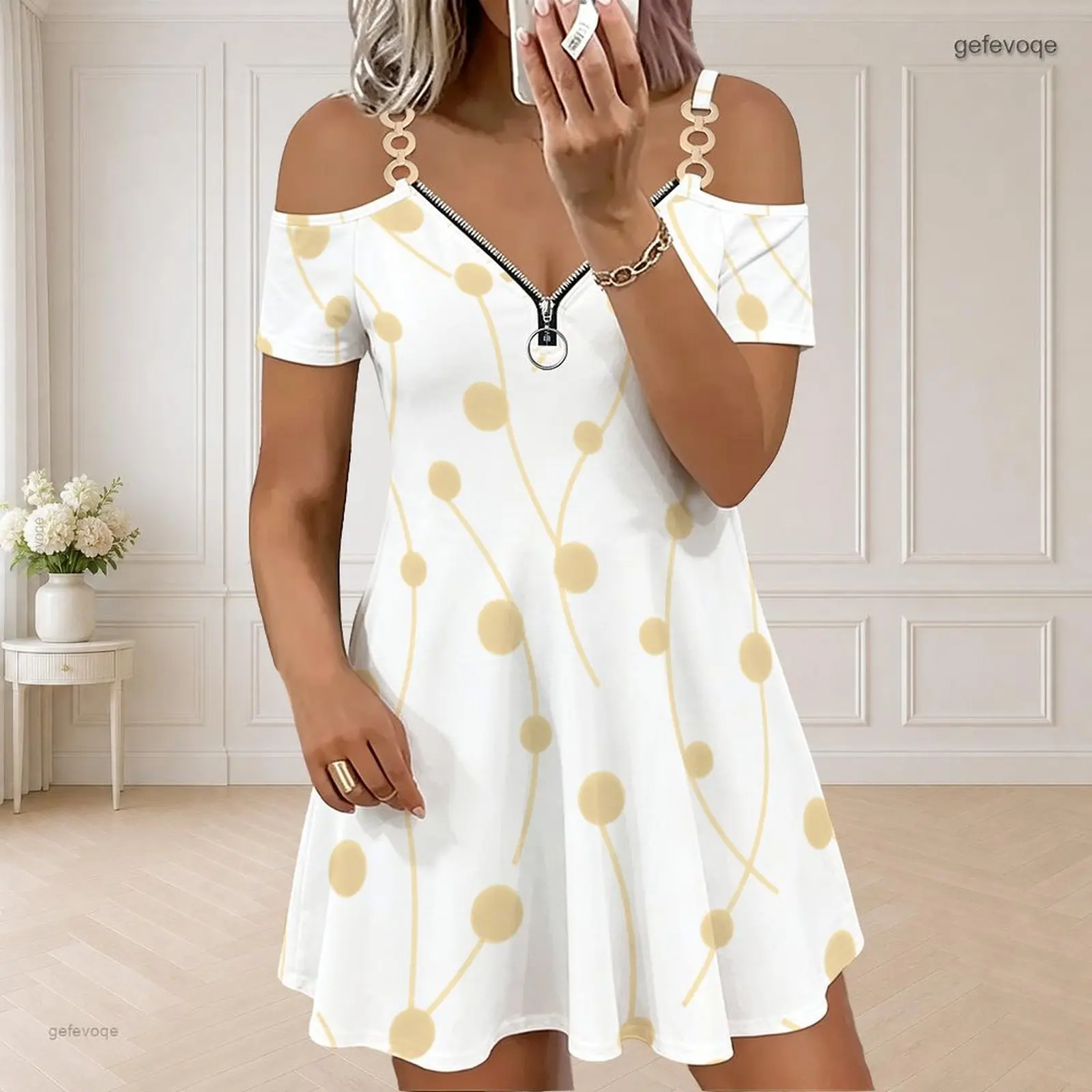 Women Black Gold Glitter Stripe Dot Printed Cold Shoulder Short Sleeve Chain Strap V Neck Zip Dress