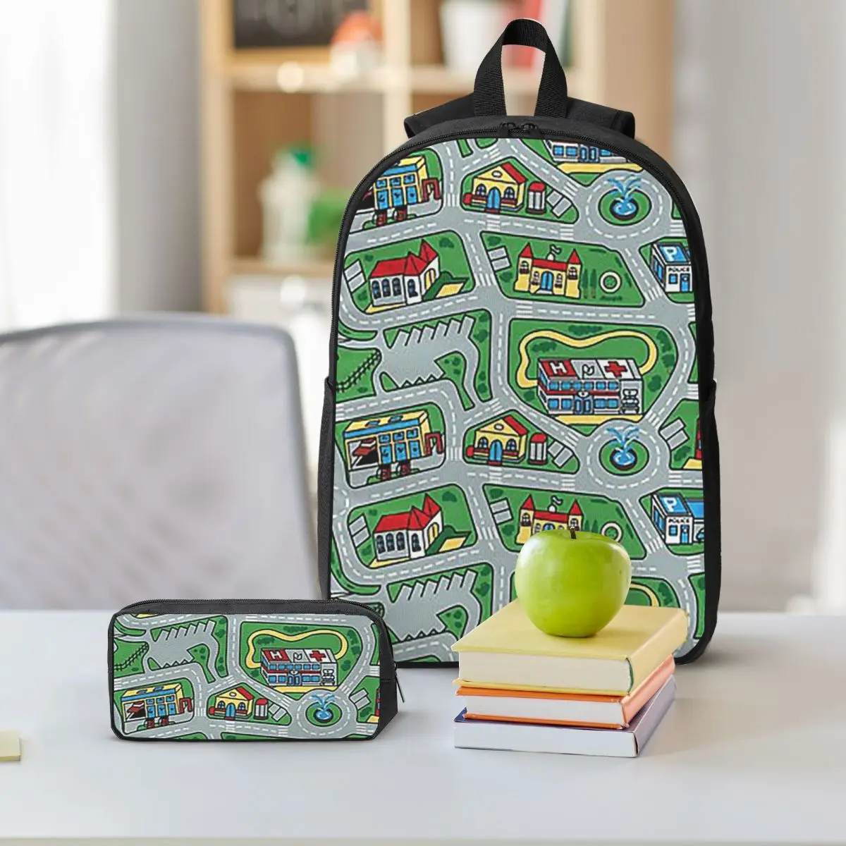 Car City Carpet Road Rug 90s Nostalgic Toy Backpack  BookBag School Bag Shoulder Bags 3ps Insulated Lunch Bag Pencil Case