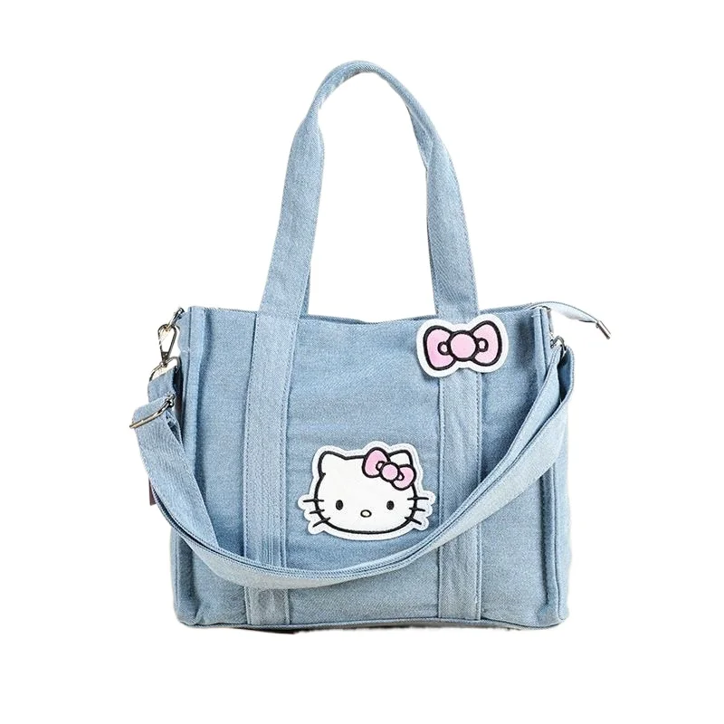 

Saniro Denim Hello Kitty Handbag Large Capacity Durable Melody Kuromi Shoulder Bag Cartoon Printing Kawaii Fashion Trend