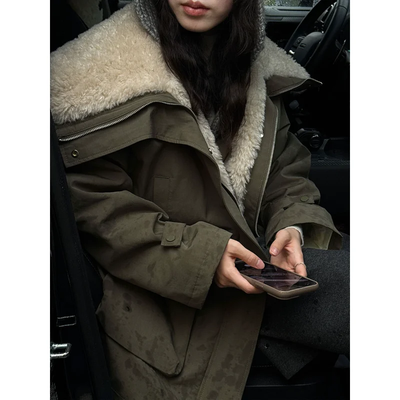 Large Collar Splicing Fake Fur Down Inner Lining Warm Jacket for Women's Winter Fashion Loose Casual Olive Drab Parka Jacket