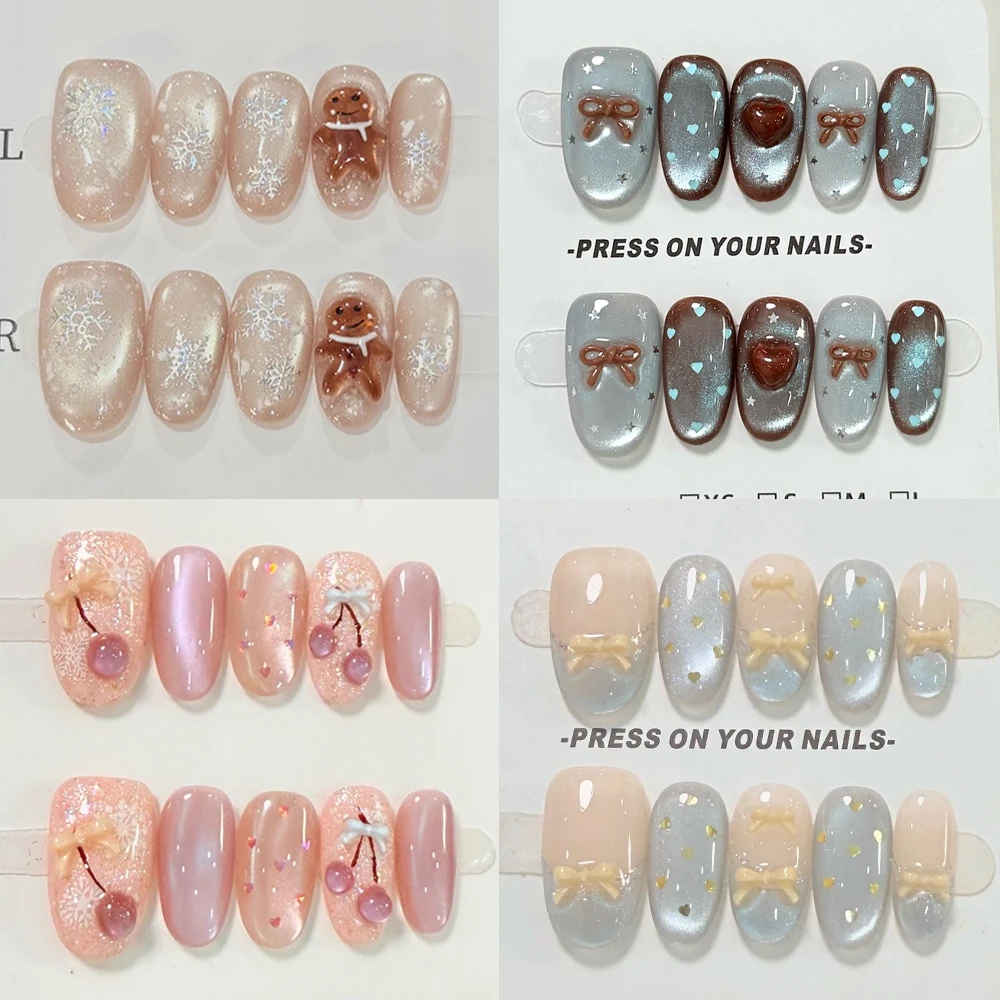 10Pcs Kawaii Cat Eyes Handmade Short Full Cover Nails Snowman Bowknot Snowflake Cherry Apple Christmas Tree Press On Nails Gift