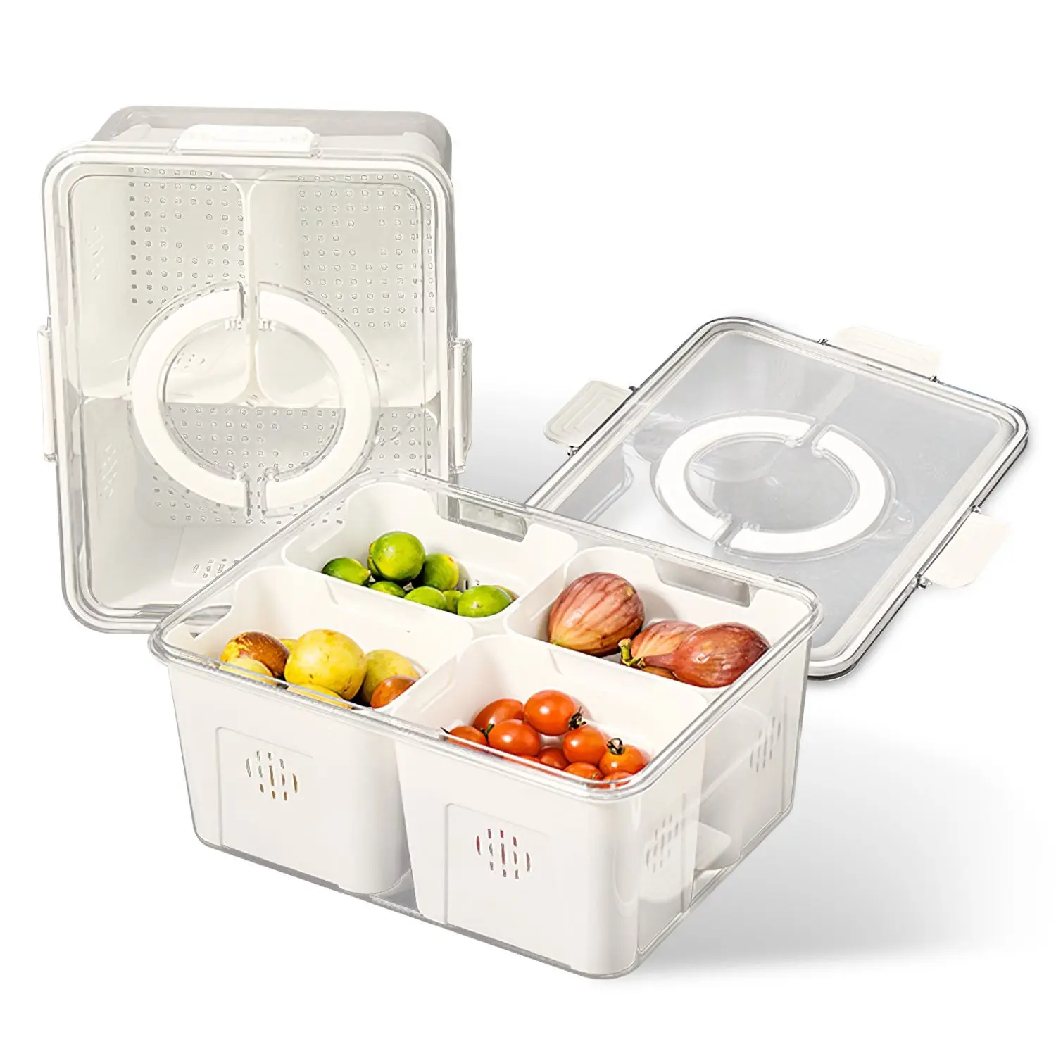 2Pack Airtight Fruit Storage Containers 4-Compartment Food Storage Containers Fruit Vegetable Organizers with 8 Removable Coland