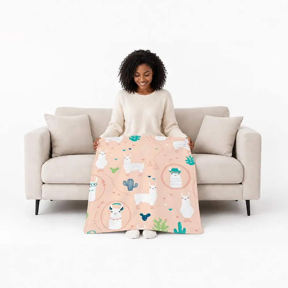Cute Animal Alpaca Throw Custom Printed Flannel Fleece Blanket for Sofa Bed Office Travel & Camping