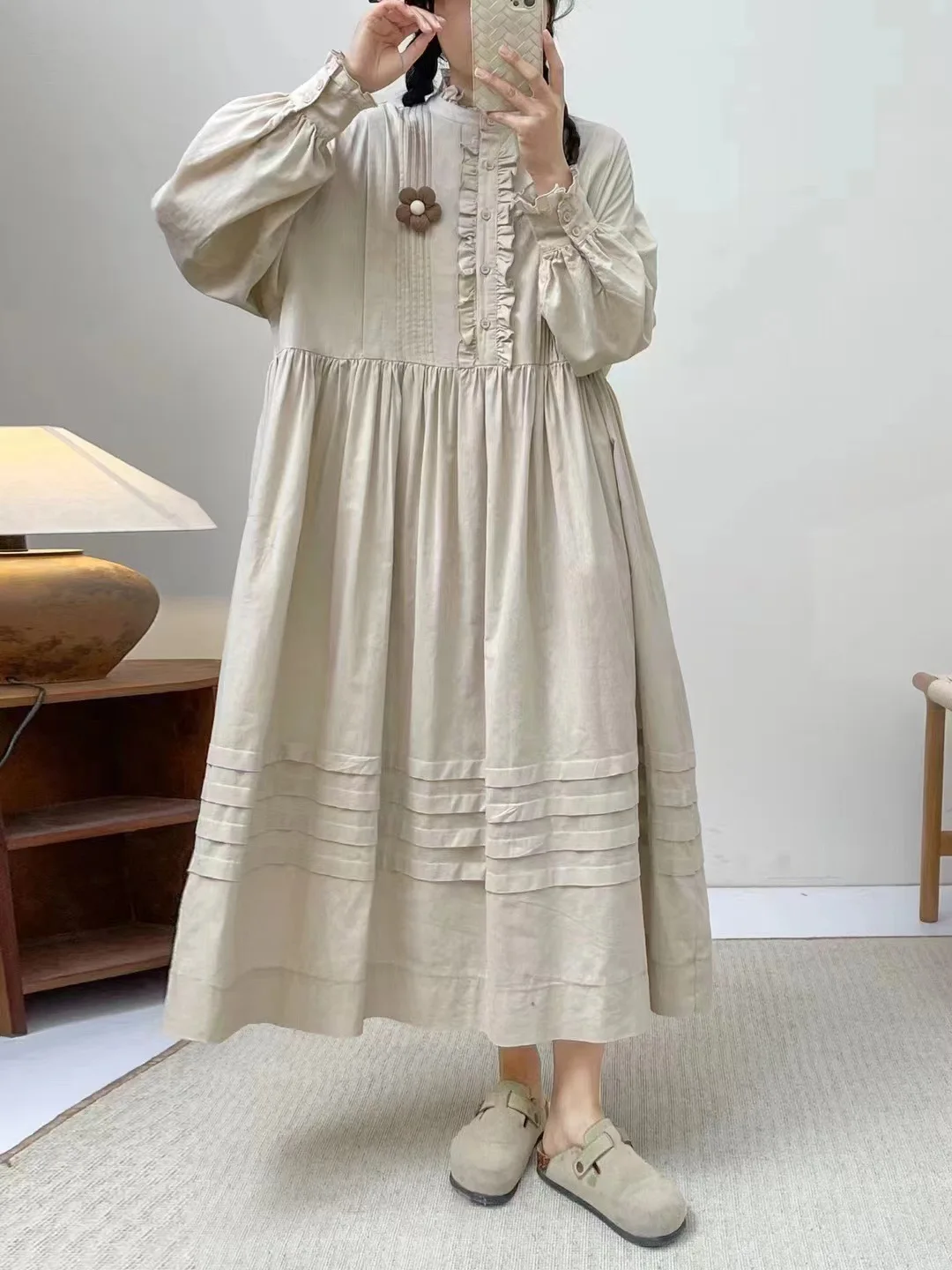 New Summer Cotton Long Sleeve Dresses Woman Stand Solid Mori Girl Casual Sweet Preppy Ruffles Loose Dress 2024 Autumn D47607QC