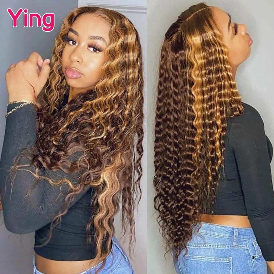 

Highlight #27 Brown Colored 180% Brazilian Deep Wave 13x4 Lace Frontal Wig PrePlucked With Baby Hair 4x4 Closure Human Hair Wig