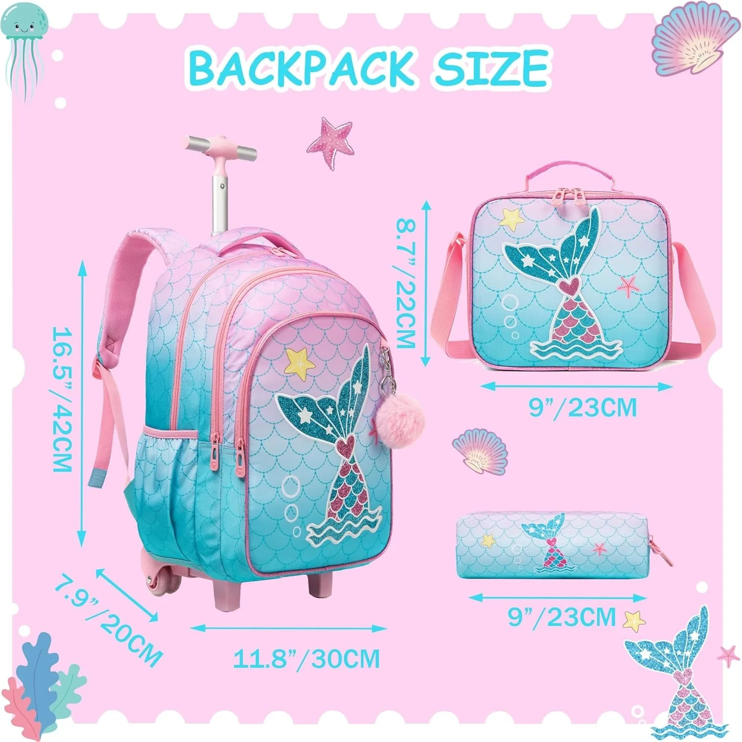 Bunnyfly 3PCS Rolling Backpack for School Kids Wheeled Backpack with Silent Wheels Lightweight Primary School Bag Durable Daypac