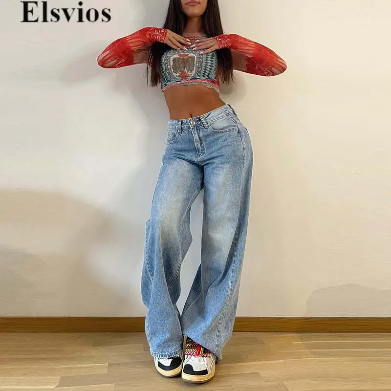 High Street Navel Mid Waist Button Trousers 2024 Girls Beautiful Wide Leg Long Denim Pants Women Fashion Pocket Style Long Jeans