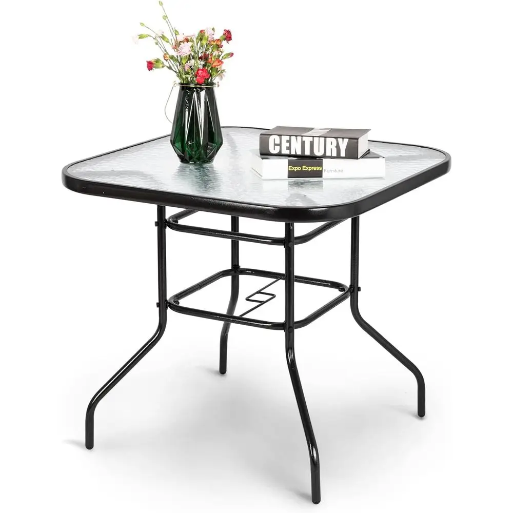 32 Square Steel Outdoor Dining Table with Tempered Glass and Umbrella Hole for Patio, Balcony, or Garden Deck