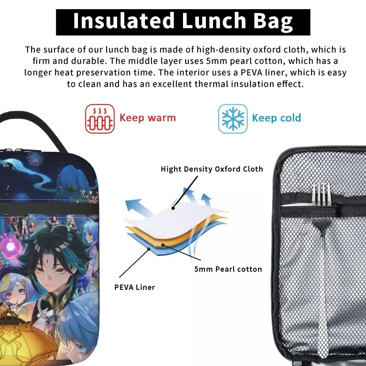 Bolsa de almuerzo aislada Genshin Impact Xiao Ganyu Merch, caja de comida de almacenamiento escolar, fiambrera térmica portátil, Enfriador de moda